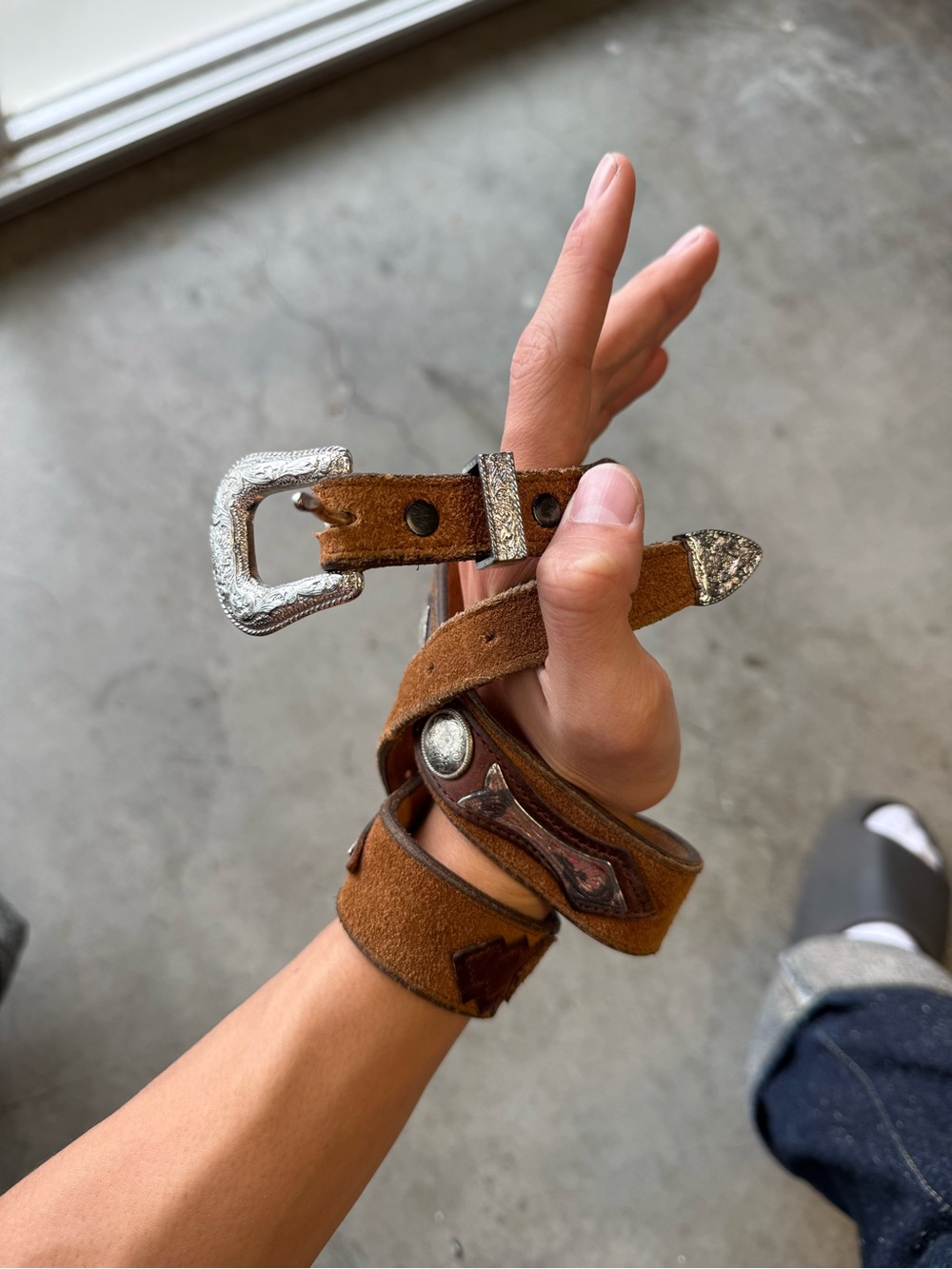 Nocona Chestnut Suede Western Belt with Silver Buckle and Tip Made in USA